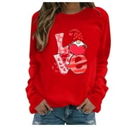 wsevypo Valentines Day Women's Heart Print Pullover Sweaters Round Neck Long Sleeve Slouchy Loose Sweaters