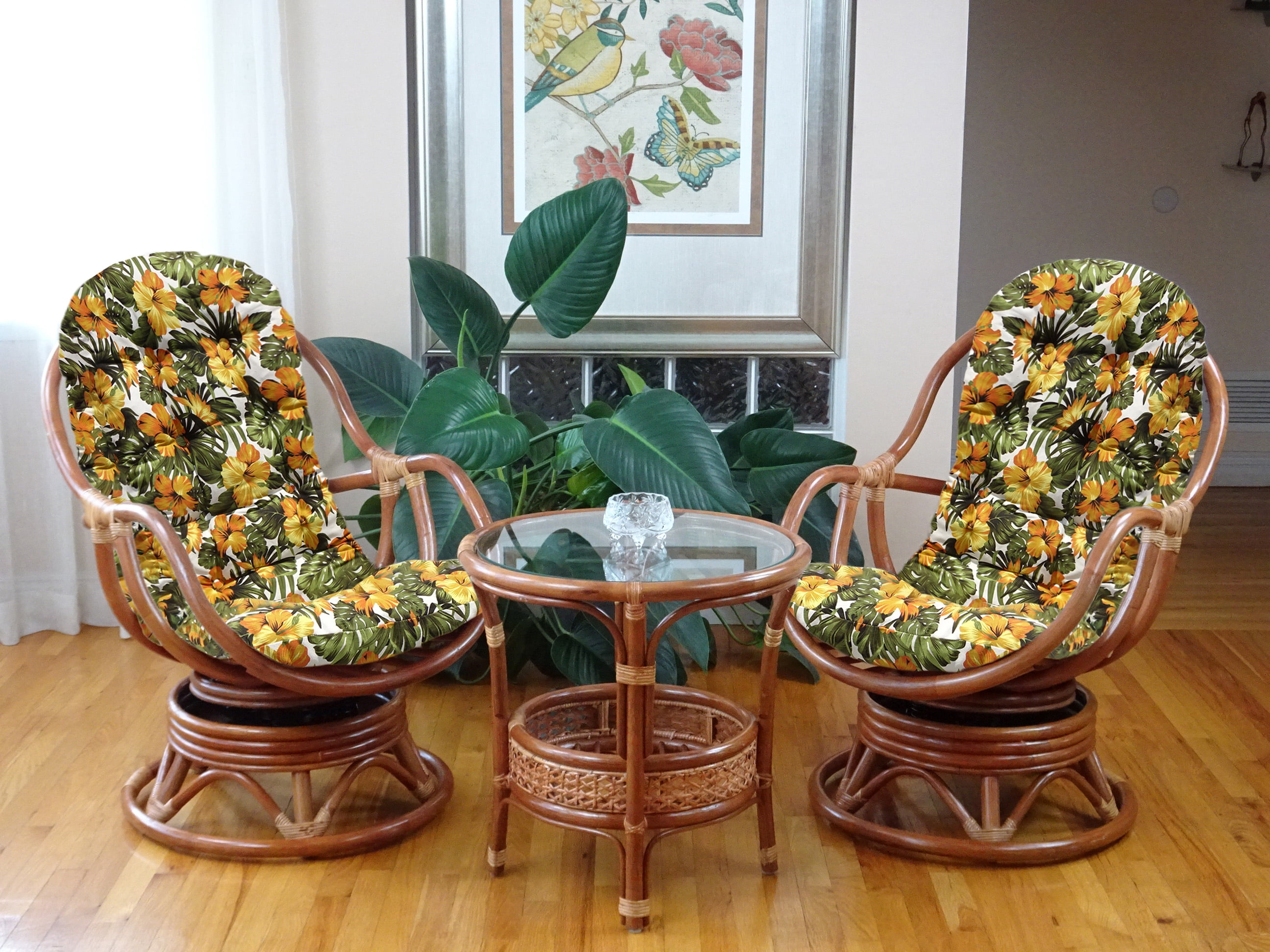 Bali Lounge Swivel Rocking Chair with Floral Cushion Rattan Wicker Handmade, Colonial Color