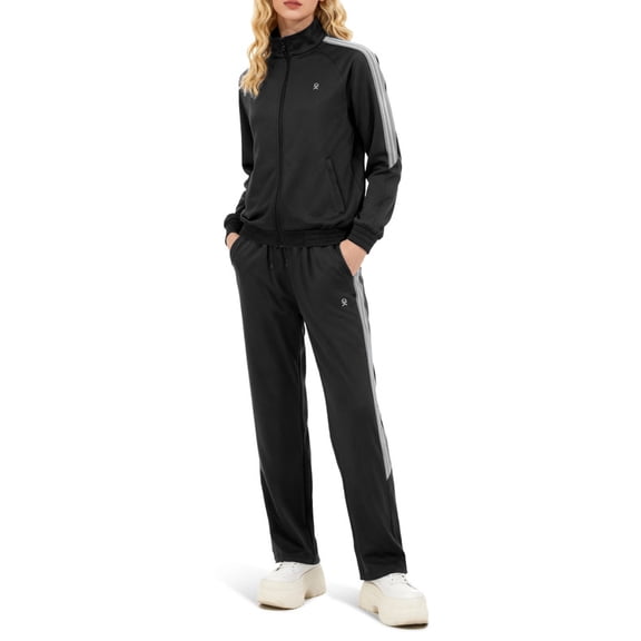 Women's 2Pc Full Zip Tracksuit, 4 Way Stretch with Reflective Stripes & Zipper Pockets for Golf Running Gym Black S