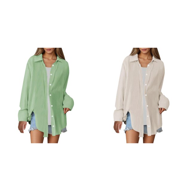 (2-Pack) Rinsvye Women'S Pure Color Loose Fit Shirt Casual Oversized Button Down Blouse Thin Fabric Spring Summer Top Breezy Wear