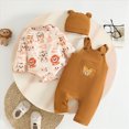 thumbnail image 2 of TOWED22 Newborn Baby Boy Clothes Fall Winter Outfit Long Sleeve Textured Romper Pocket Suspender Pants Hat 3 Piece Set,Brown,12-18 M, 2 of 9