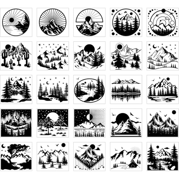 25Pcs Mountains Silhouette Mason Jar Decals Stickers Trees Scenery Plastic Silhouette Wall Decals Stickers Adhesive Lantern Jar Stickers Window Lamp Decals Glass Art Mural Home Decor