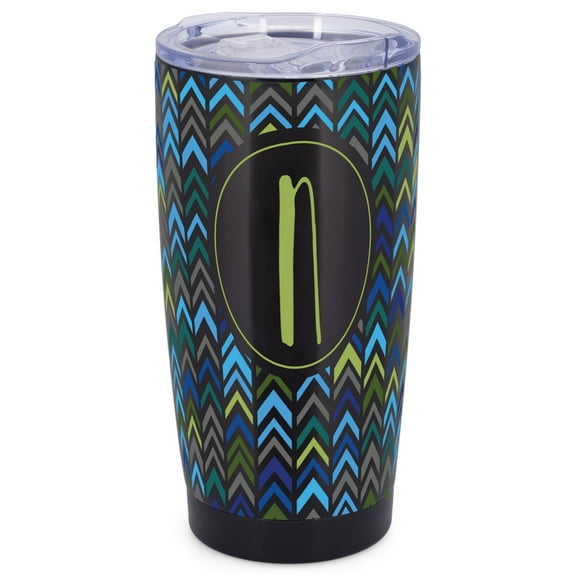 Elanze Designs N Monogram Herringbone Arrows Wrap-Around Design 20 Ounce Stainless Steel On-The-Go Coffee Mug, Thermal Travel Tumbler with Leak Resistant Slide Lid, Sleek Black