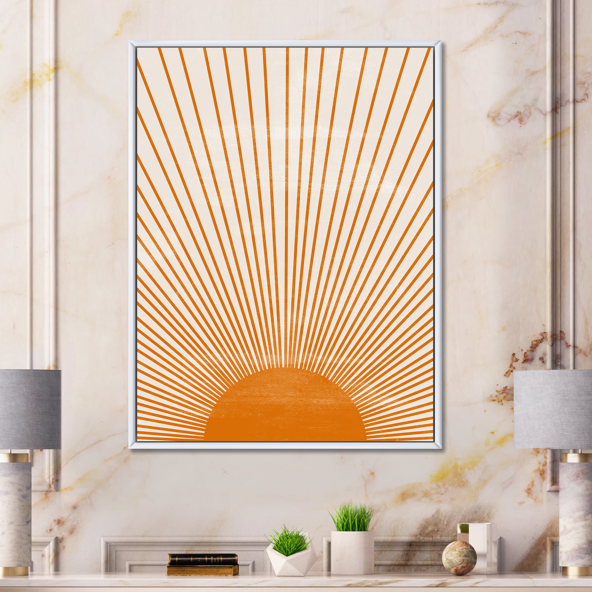 Designart 'Orange Sun Print On Beige III' Modern Framed Canvas Wall Art Print