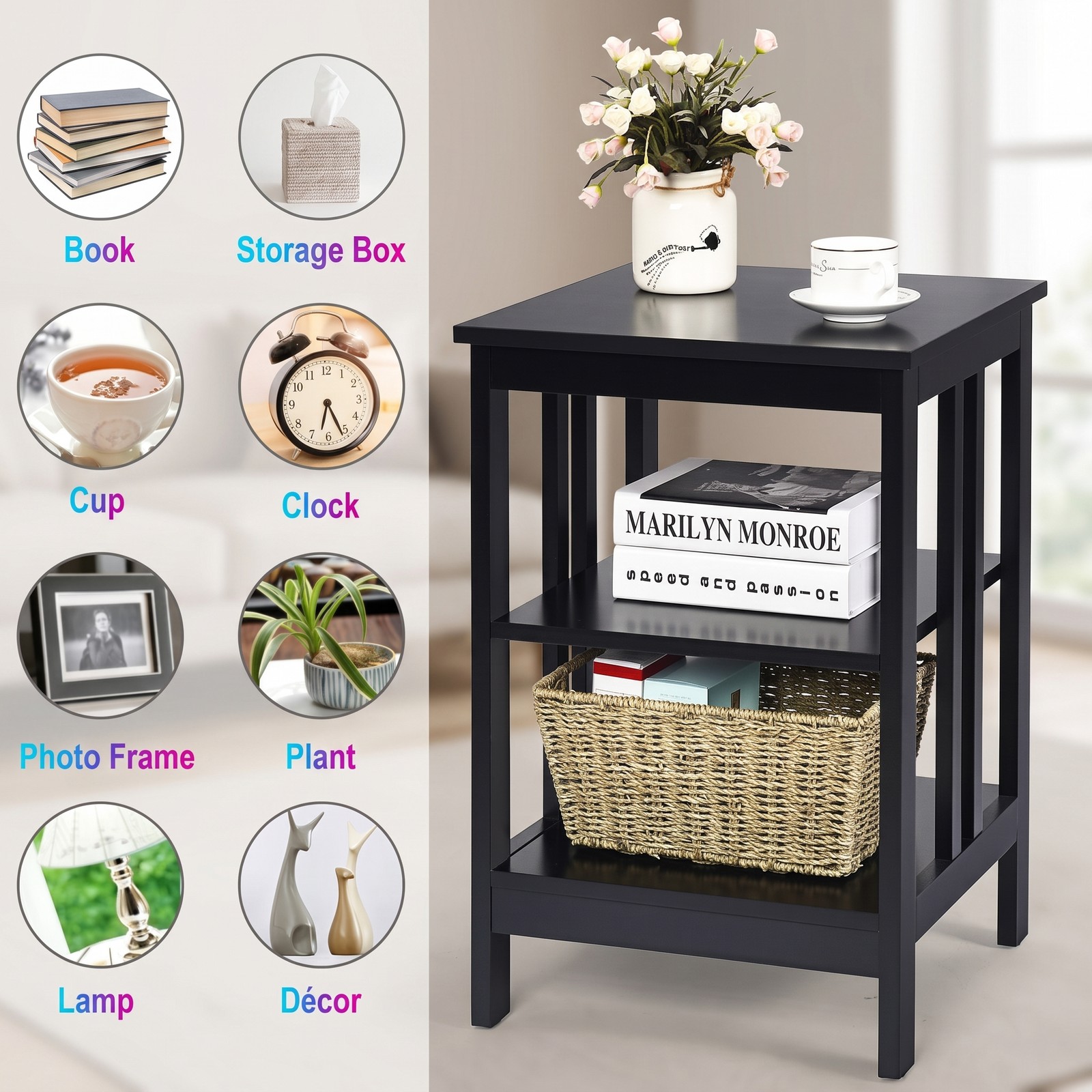Furnibear 2 Pieces 3-Tier Nightstand, MDF Bedside End Side Table with Reinforced Bars, Open Shelf Storage Night Stand for Bedroom Living Room Entryway, Black