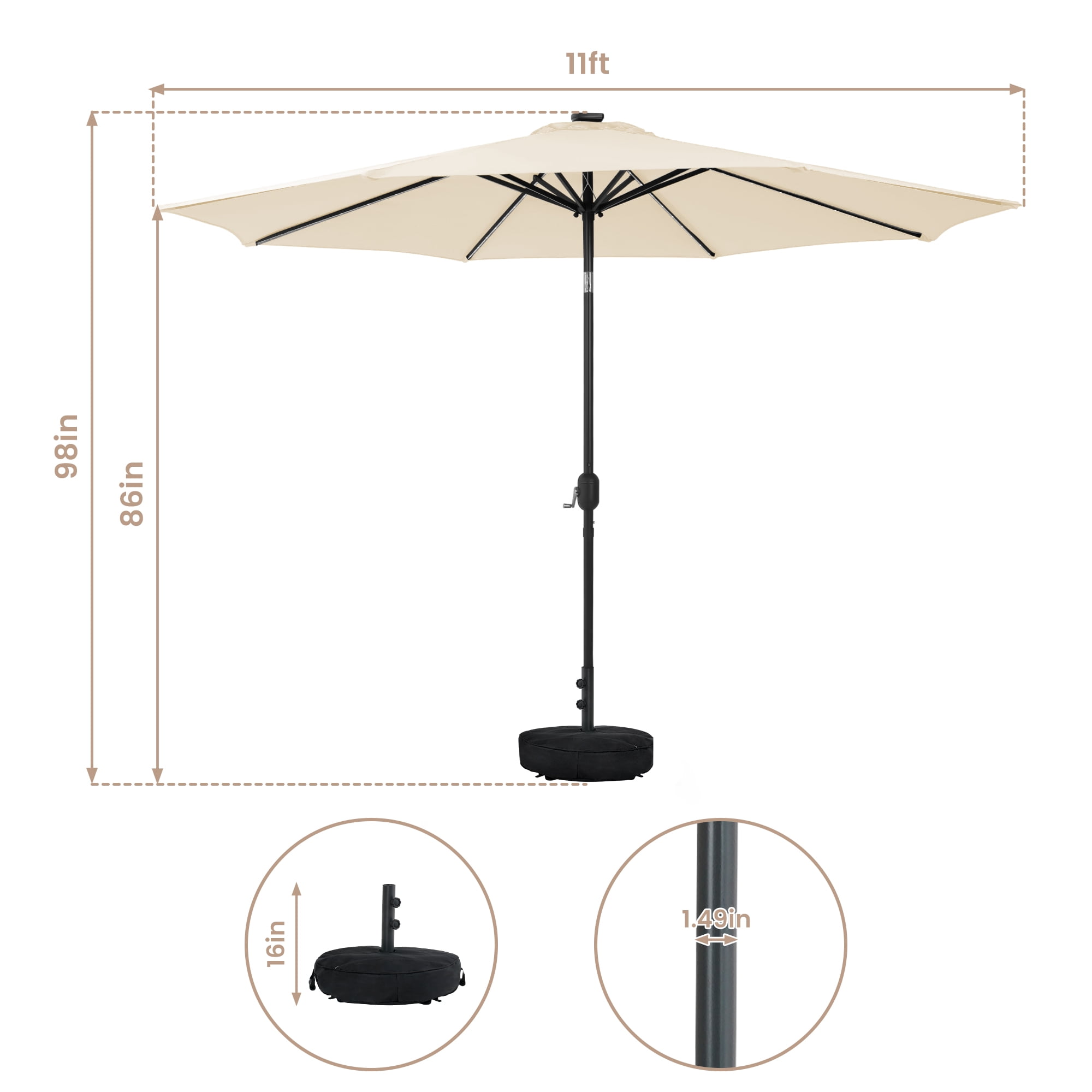 HARBOURSIDE 11ft Solar-Powered Outdoor Umbrella with LED Lights - 13 Solar LED Bulbs, Heavy Duty Base & Sand Bag for Patio/Garden/Poolside, Waterproof UV-Resistant Sun Shade Canopy,Beige