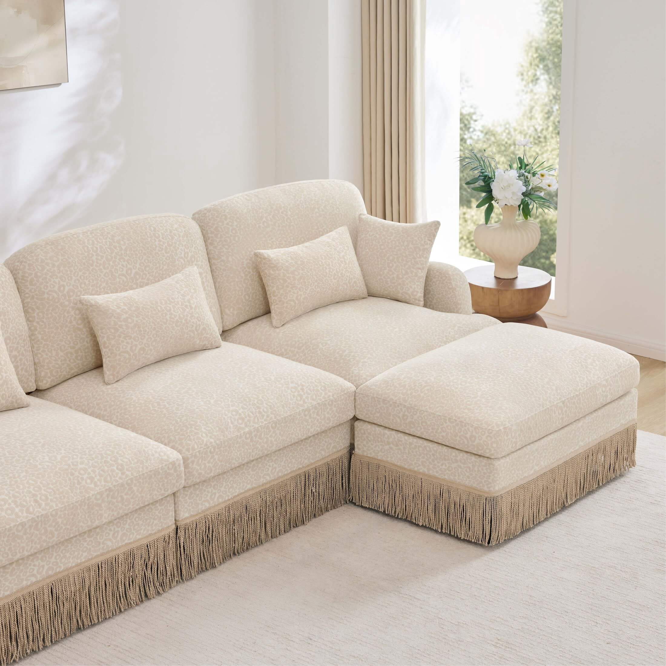 Noble House Carola Leopard Print Chenille 2-Seater Sofa, Modular Sectional Couch with Ottoman and Tassel Trim, Beige