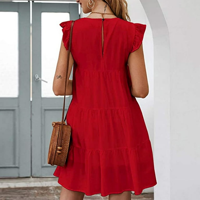 IDALL Summer Dresses,Casual Dresses Women'S Solid Color Round Neck