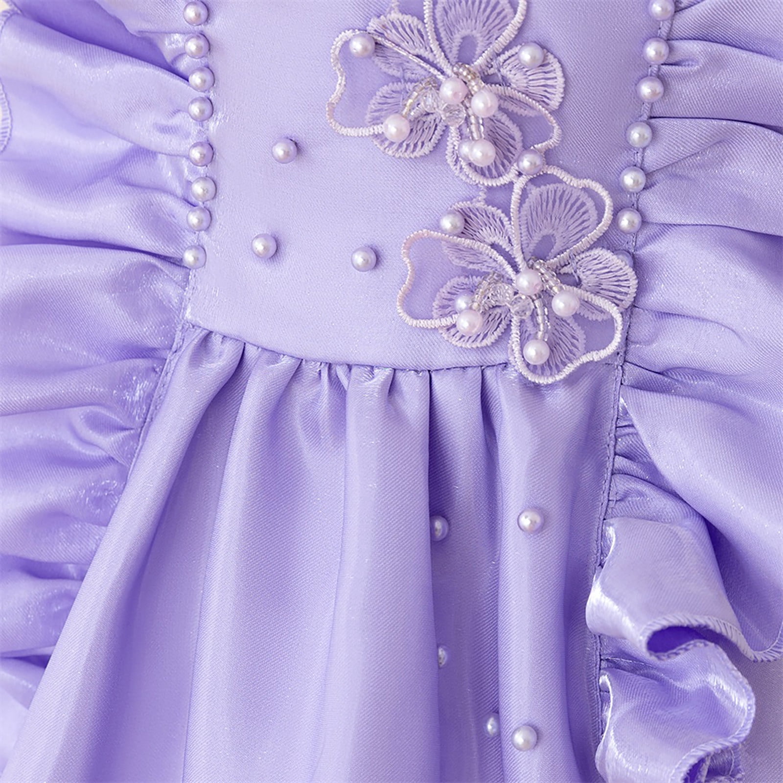 Wdgfv Girls Flutter Sleeve Beaded Dress Casual Party Wear Toddler Kids School Outdoor Comfortable Stylish Outfit Purple 3-4 Years