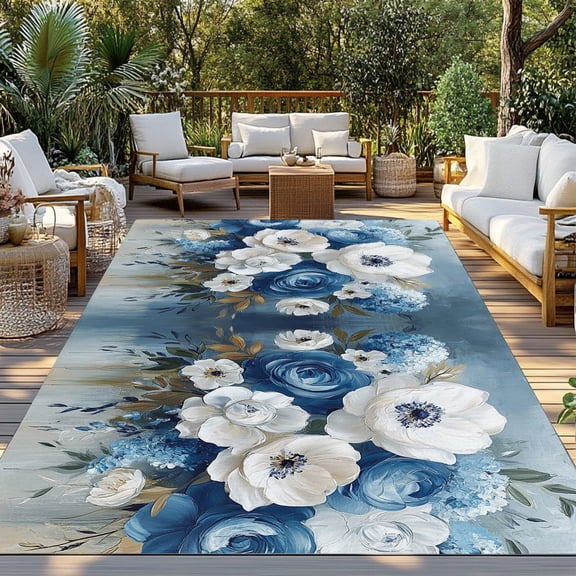 Outdoor Rug, Blue Hydrangeas Floral Art Indoor Area Rug Outdoor Carpet RV Camping Rugs 3x5ft Country White Peony Flower Outside Mat for Patio Picnic Porch Deck Balcony Backyard