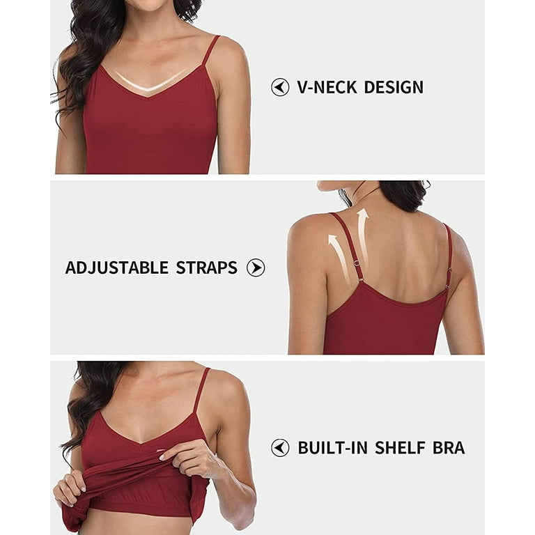 Women's V-neck Cami Adjustable Spaghetti Strap Built in Bra Tank Tops 2  Pack 