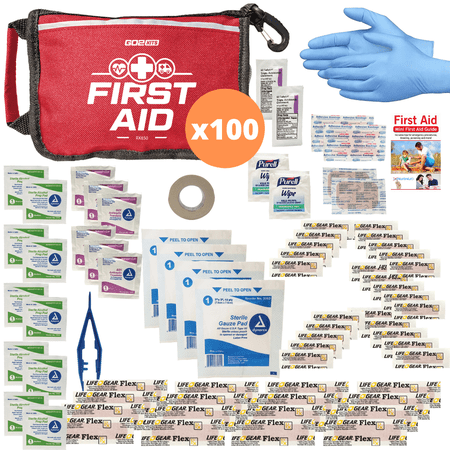 Go2Kits 100-PACK First Aid Kit 80 Pc Featuring Assorted Bandages, Wipes and First Aid Basics in Compact Fabric Kit for Home, Office & Travel (100 Pack)