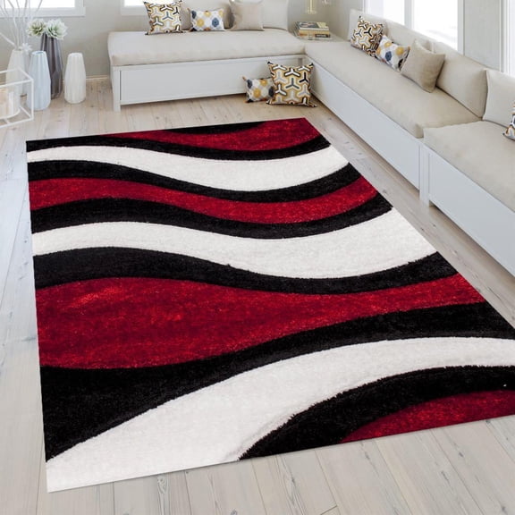 Plush Fluffy Shine 3D Wave Red White Black Shag 5'4" x 7'3" Area Rug/Carpet by Makymo
