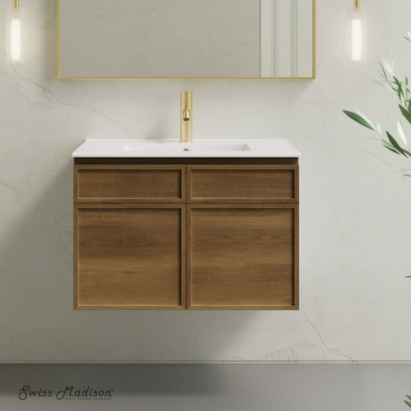 St. Tropez 30" Wall-Mounted Bathroom Vanity in Brown Oak with Sink Top
