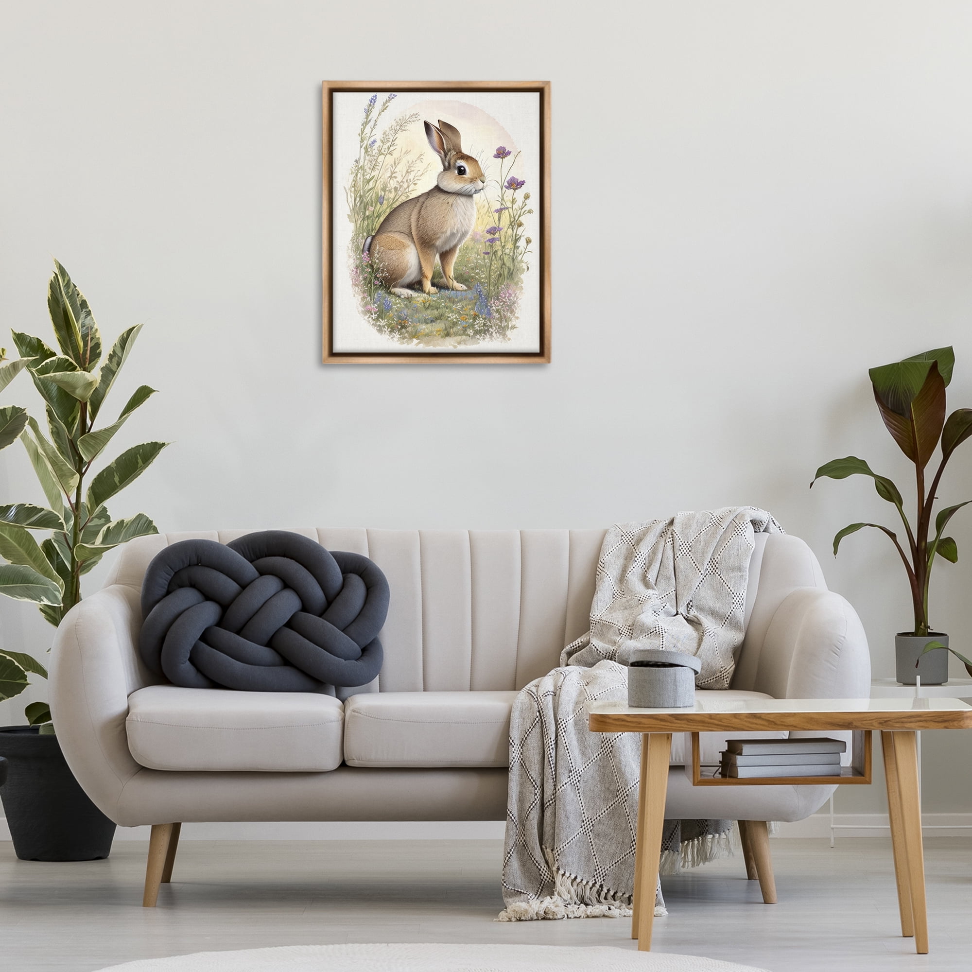 Stupell Industries Rabbit with Meadow Blooms Animals & Insects Painting Brown Floater Framed Canvas Art Print Wall Art, 25 x 31
