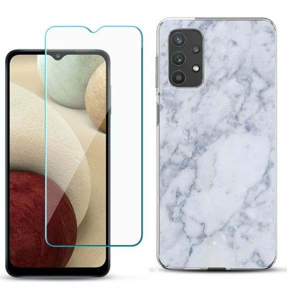Slim-Fit TPU Phone Case compatible with Samsung Galaxy A32 5G, with Tempered Glass Screen Protector, by OneToughShield ® - Marble / Clouds