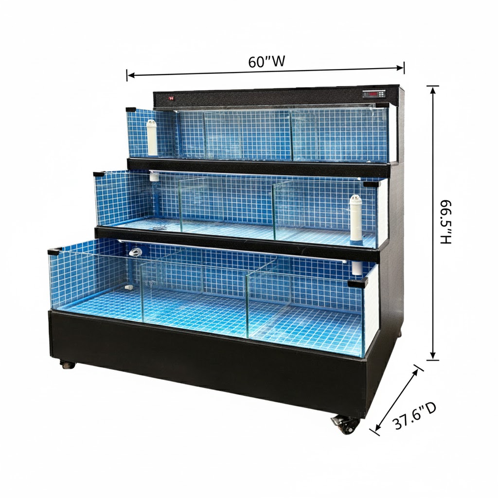 60" Commercial Lobster Seafood Tank, 3-Tier Sea Water Display Aquarium, Live Fish Holding System with Smart Filtration, Blue Mosaic Interior, 220V