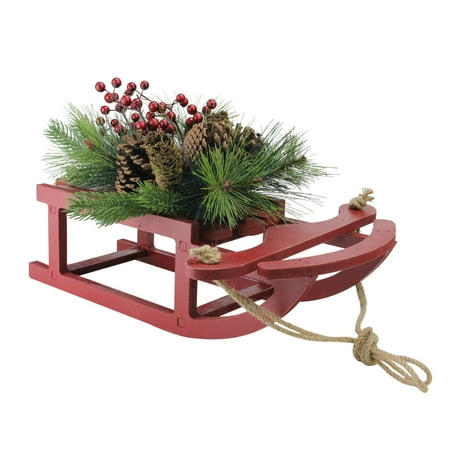15 Red Berry and Pine Cones Wooden Sleigh Christmas Table Top Decoration