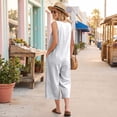 thumbnail image 6 of JULMCOMO Jumpsuits for Women Crew Neck Button Down Casual Bib Overalls Sleeveless Retro Wide Leg Capri Jumpsuit with Pockets White S, 6 of 9