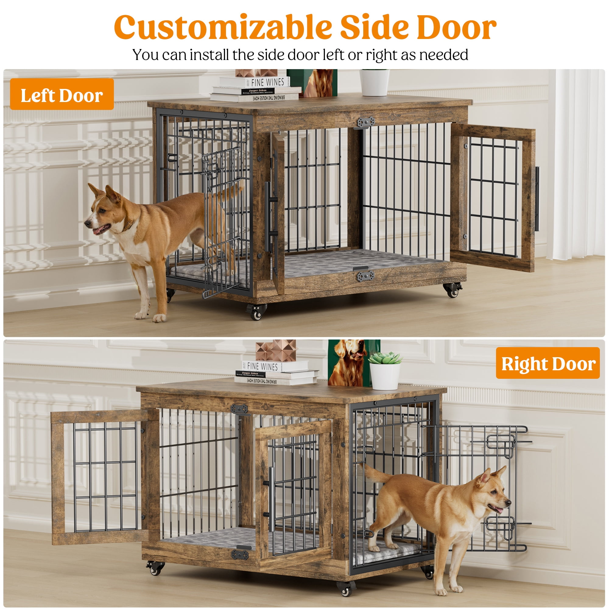 GIKPAL 32-Inch Dog Crate Furniture with Padded, 2-Door Wooden Wheels, Indoor Dogs Kennel for Small to Medium