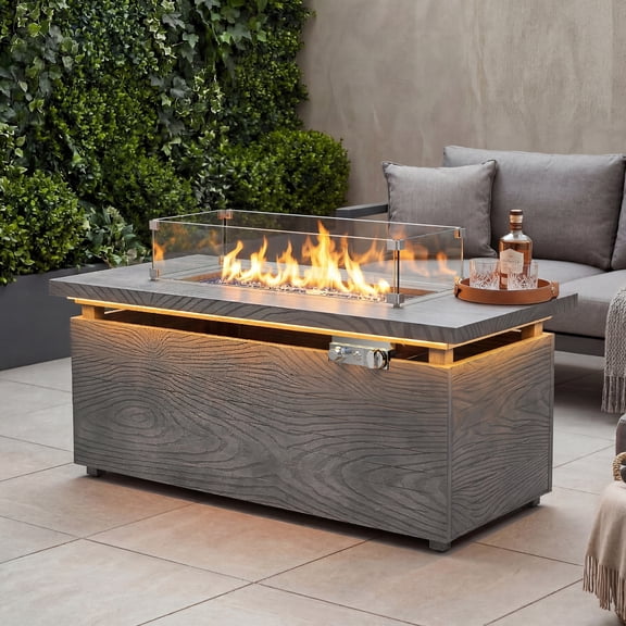 51 in. Propane Rectangular Fire Pit Table with LED Light, 50,000 BTU Coating Steel Tabletop Fire Pit (Gray Wood Grain)