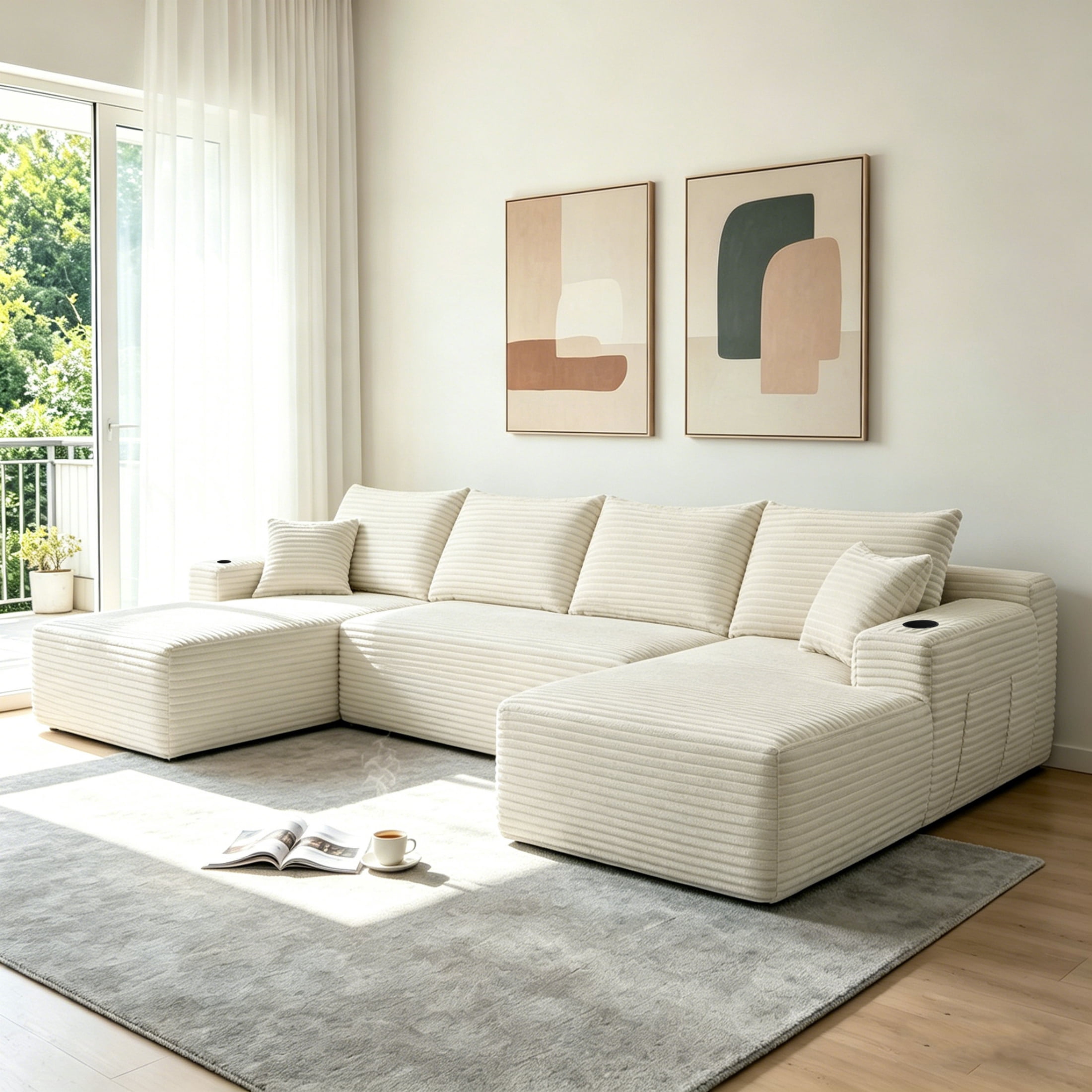 ShiKeyi 134" Modular U-Shaped Cloud Sofa, 5-Seater Corduroy Sectional Couch with Deep Seats Double Chaise & Soft Boneless Design, Beige