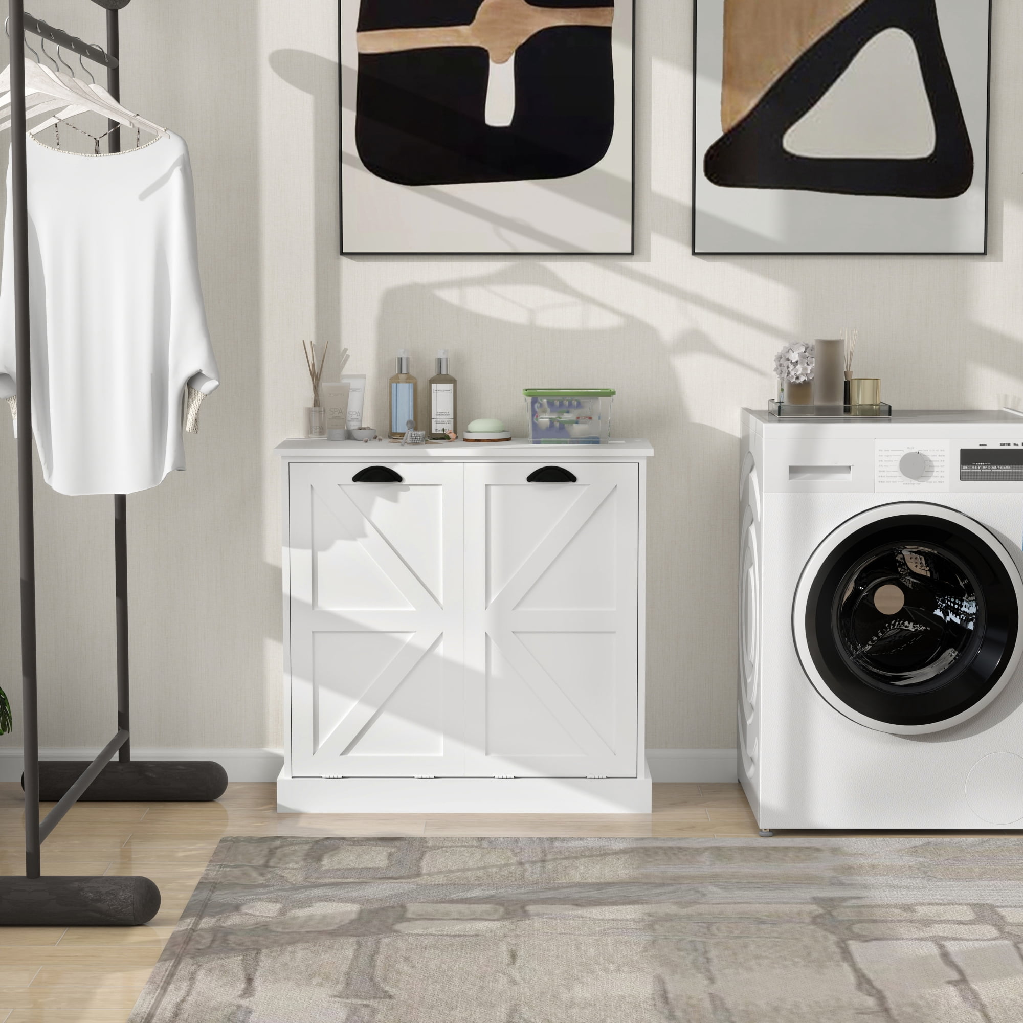 Leumius Tilt-Out Laundry Hamper Cabinet,Freestanding Laundry Sorter Cabinet with 2 Compartment,White