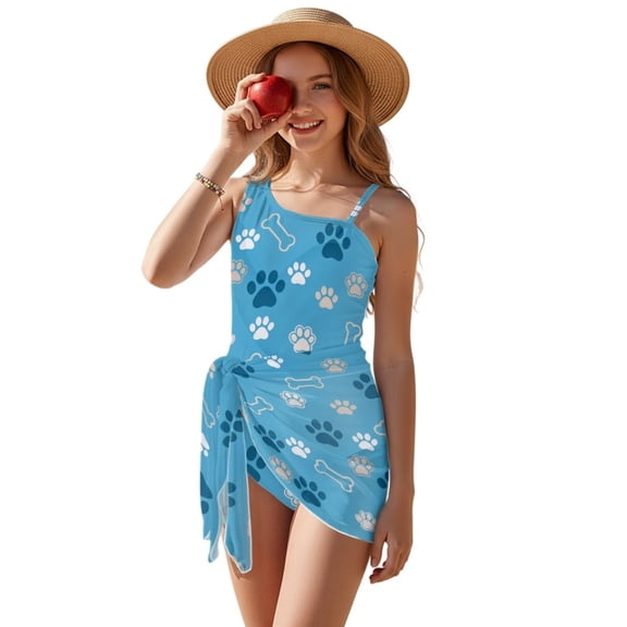 Uourmeti Paw Bone Pattern Girls Swimsuit Quick Dry Cut Out One Piece Swimsuits with Cover Up Skirt Teen Girl Bathing Suit Hawaii Swimwear 7-18Y Blue