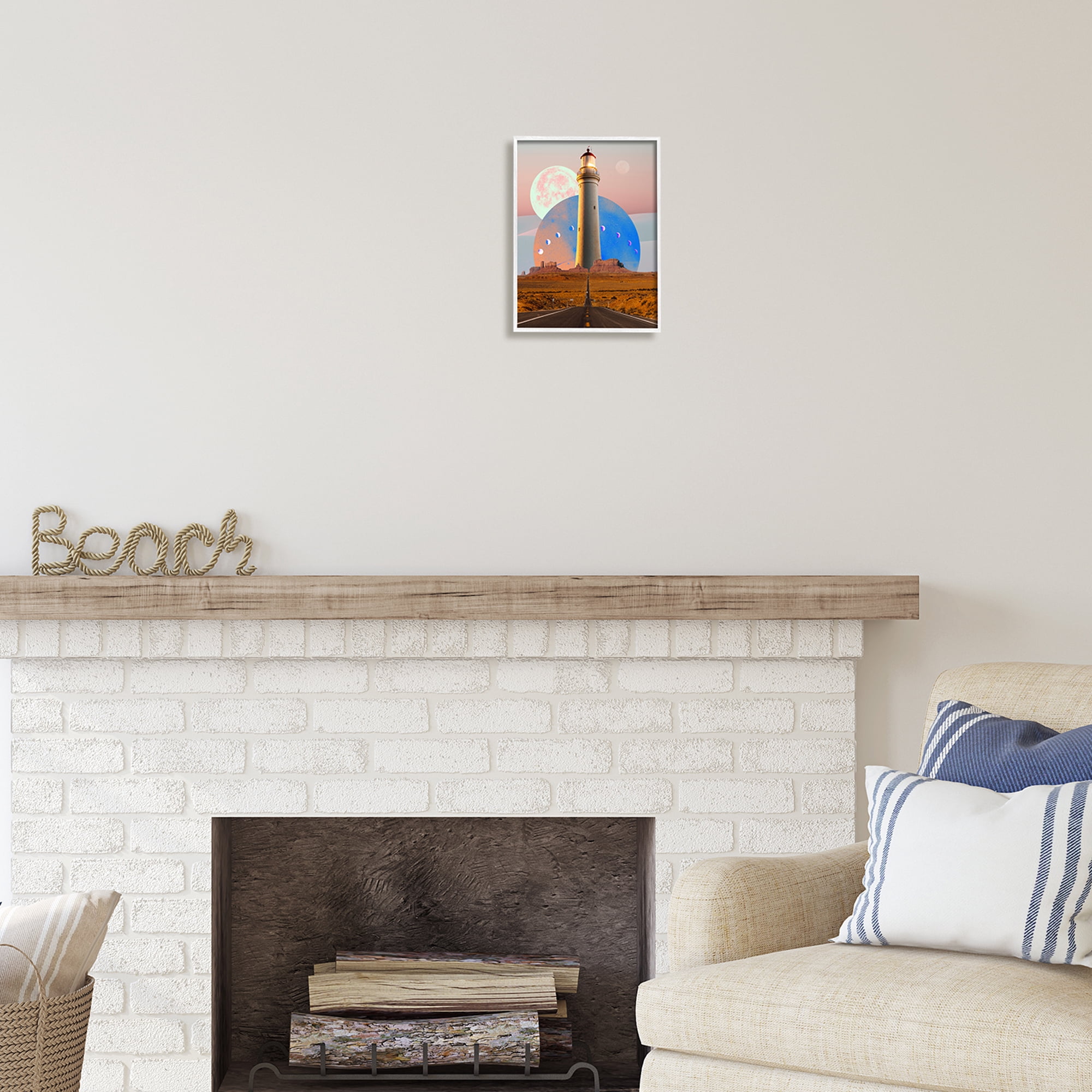 Stupell Industries Surreal Lighthouse in Desert Landscape Painting White Framed Art Print Wall Art, 11 x 14