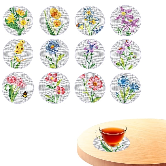 12pcs DIY Diamond Painting Coaster Kit Beautiful Floral Design with Stand The Perfect Choice for Home Decor and Gifting