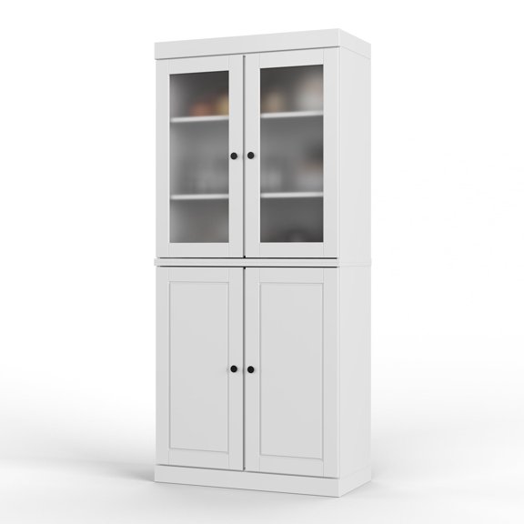 Palace Imports 100% Solid Wood 32" Pantry Cabinet with Solid, Frosted Glass Doors, 2-Drawers and Adjustable Shelves, White