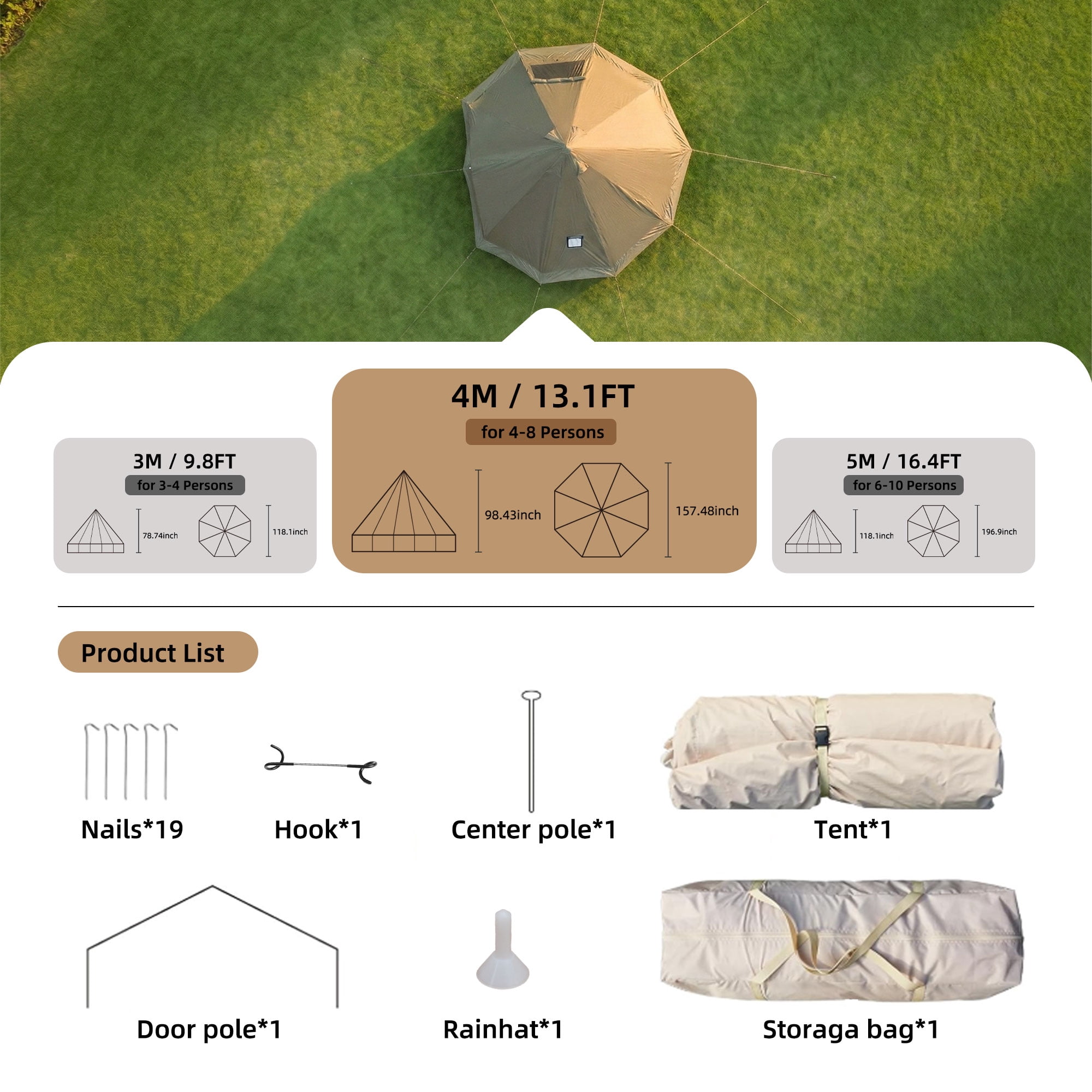 Yurt Tent with Stove Jack, 4 Season Waterproof Oxford Family Camping Tent, 9.8 FT Hot Tent Shelter Fits 3-4 People for Outdoor Party
