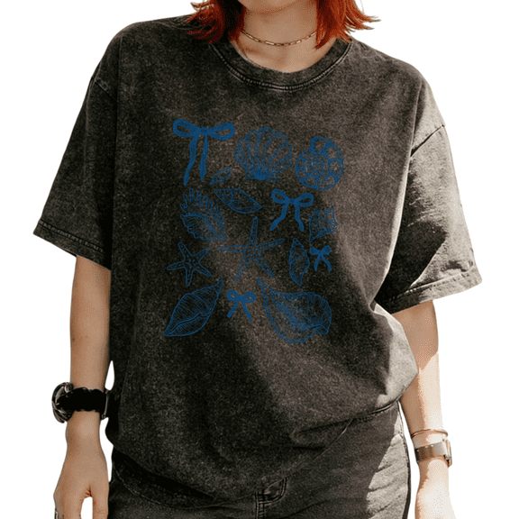 Washed Coquette Seashell Starfish Bow Graphic Nautical Beach Graphic Tees T-shirt Tops Short Sleeve Black S-2XL Plus Size