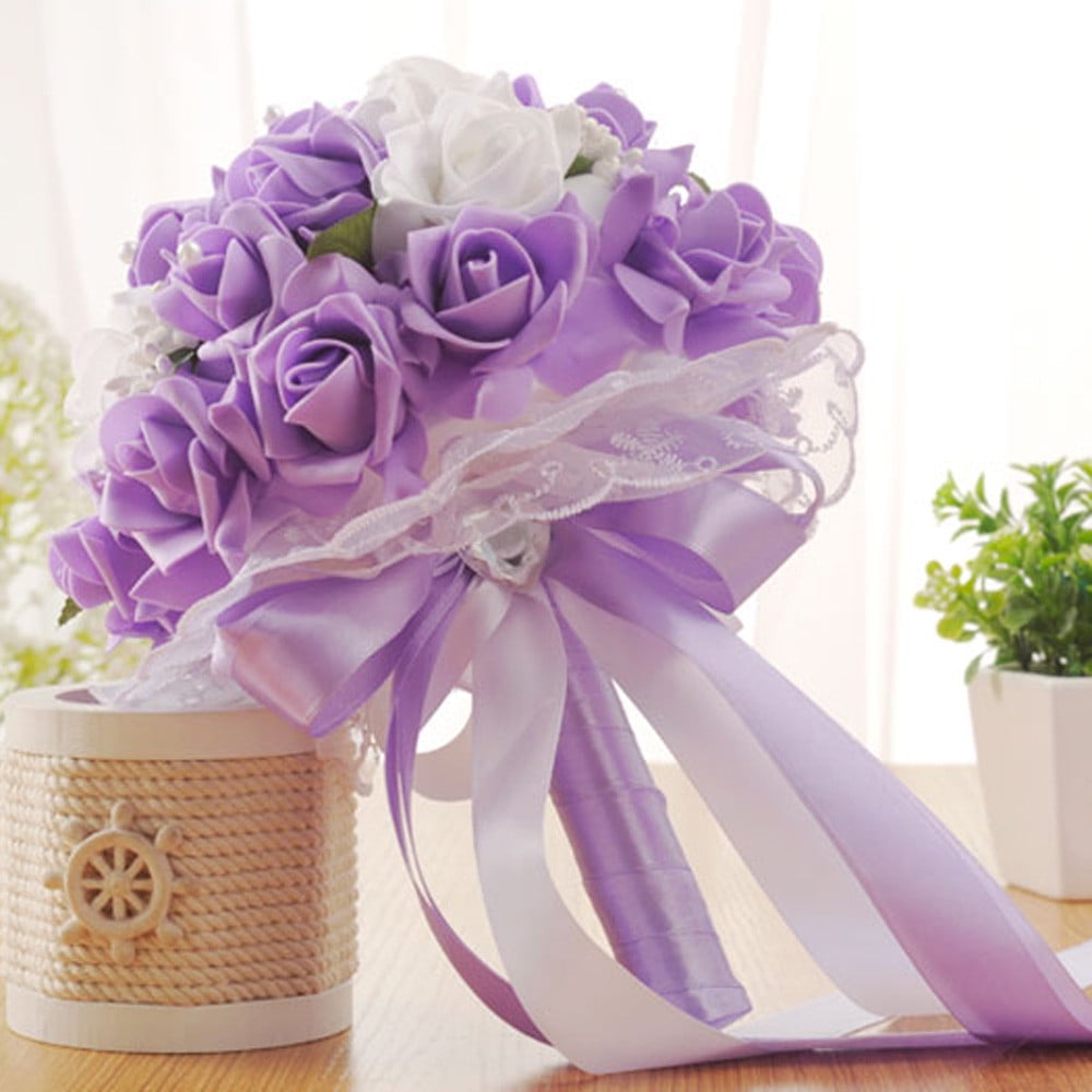 WANYNG Artificial Daisies Flowers Artificial Roses Bridesmaid Wedding  Bouquet Bridal Artificial Silk Flowers Purple 