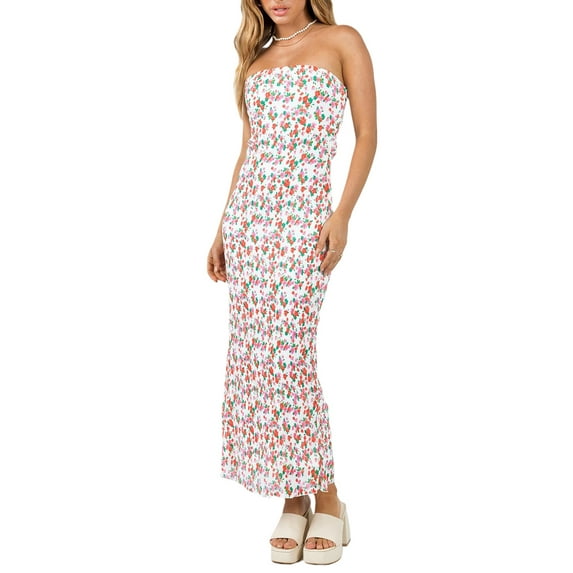 Coduop Women Strapless Tube Long Bodycon Dress Flower Print Boat Neck Summer Backless Party Dress