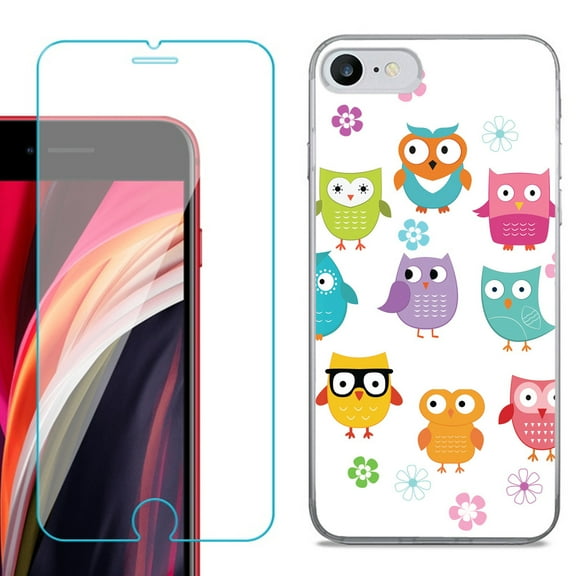 Slim-Fit Fashion Gel Phone Case for iPhone SE 2022, with Tempered Glass Screen Protector, by OneToughShield ® - Happy Owl