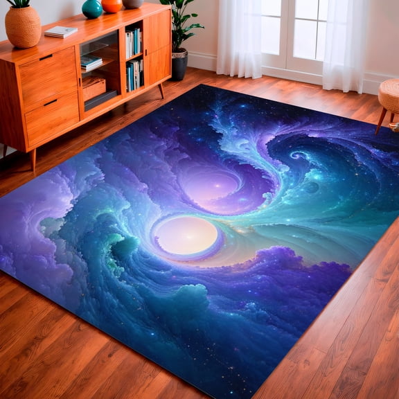 ODIKA 4'x6' Machine Washable Non-Slip Area Rug, Glistening Galaxy Swirl Abstract Nebula Effects High Traffic Rug, Purple, 184685