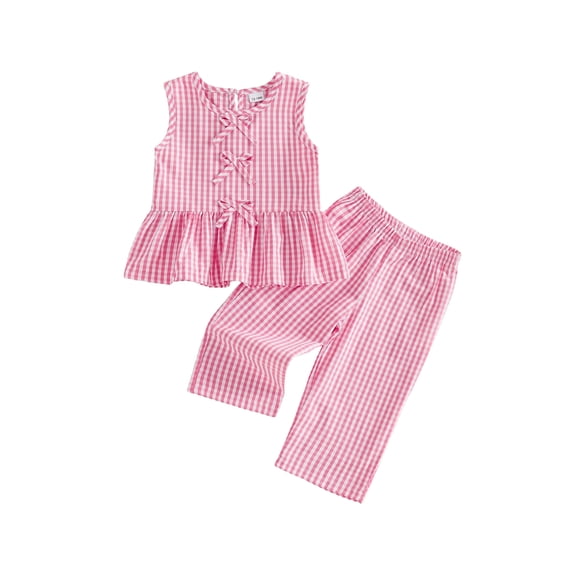 Loicainy Toddler Kids Girl Summer Outfits 12 18 24 Months 2T 3T 4T 5T Plaid Print Bow Tie Front Tank Tops Elastic Waist Long Pants 2 Pcs Clothes Set