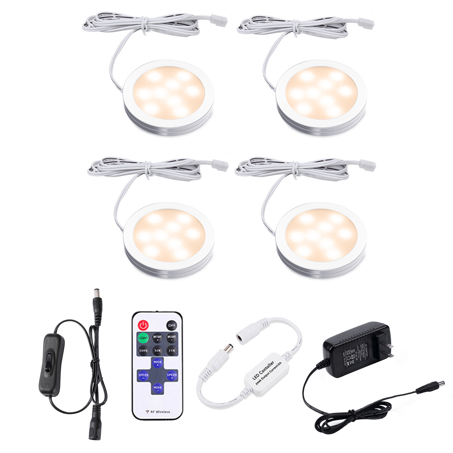 4 Pack LED Puck Lights with Remote, Under Cabinet Kitchen Lights Plug in, Dimmable Under Counter Light Fixtures, Wired Puck Lights for Closet, Shelf, Display(4000K, Natural White)