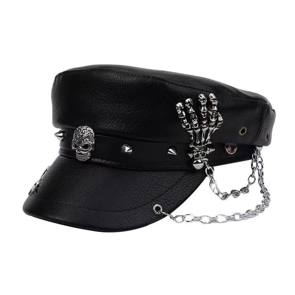 Women's Punk Studded Cadet Cap PU Flat Top Hat Chain Skull Detail