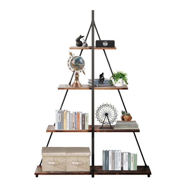 4 - tier ladder estante, moderno industrial, sailboat - shaped structure, abiertos almacenamiento estantes - negra y rustic brown, para sala de estar, dormitorio, oficina en casa