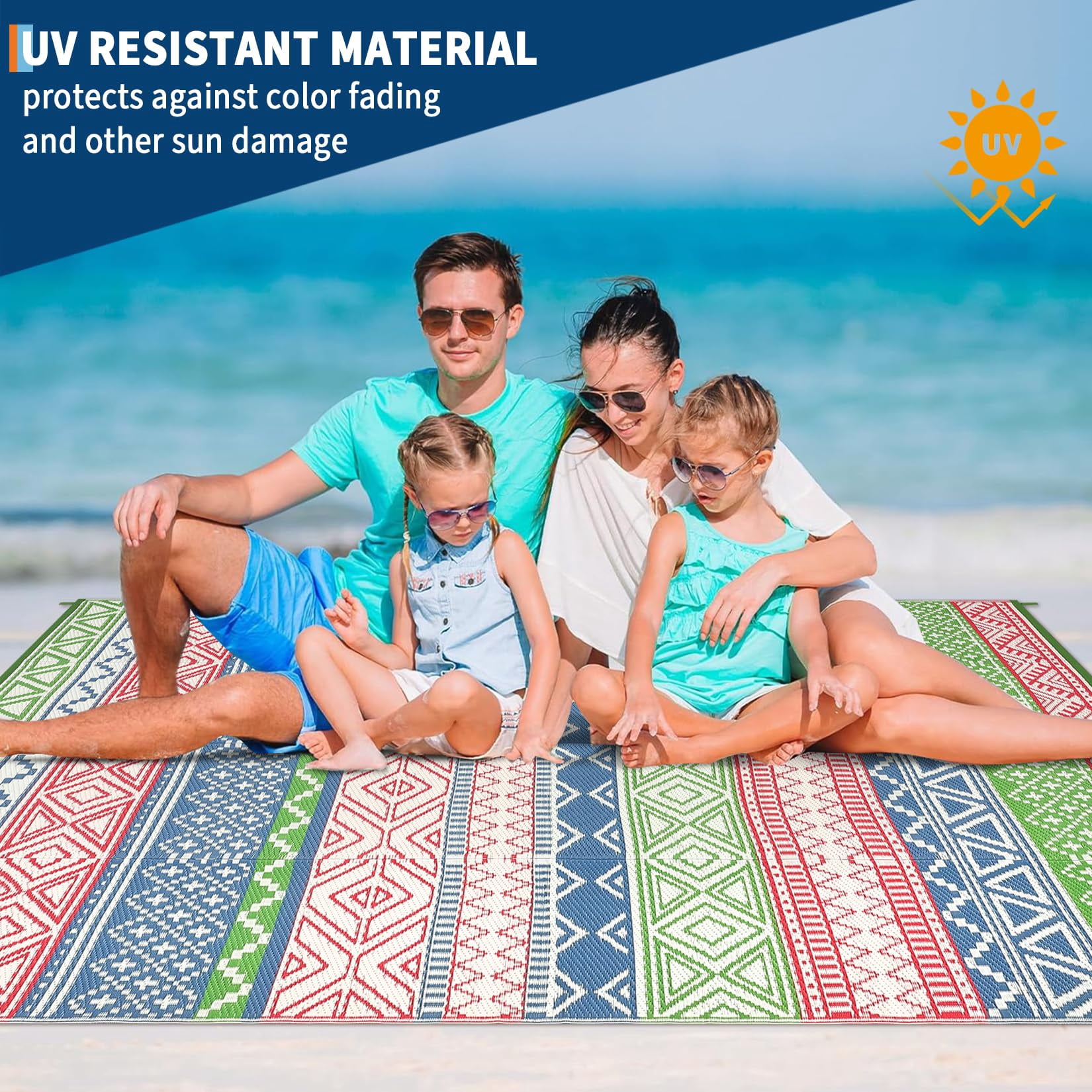 Waterproof & Reversible Outdoor Rug – Durable Patio Carpet for Camping, RV, Deck, Picnic, Porch, Backyard – Lightweight, UV & mark Resistant