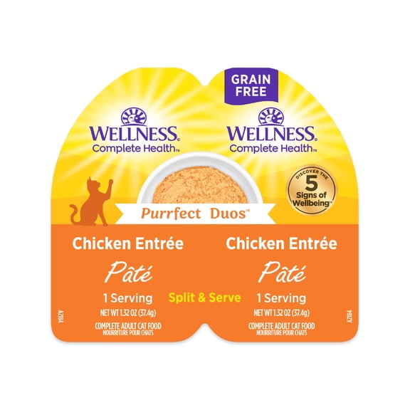 Wellness Complete Health Purrfect Duos, Pate, Adult Wet Cat Food, Natural, Protein-Rich, Grain-Free, 2.64 Ounce, 12 Pack, (Chicken Entrée Recipe)