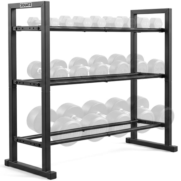 SQUATZ 3-Tier Dumbbell Rack, Heavy-Duty Adjustable Depth Weight Storage Organizer for Kettlebells, Plates & Home Gym Equipment, Steel Stand, 31.5 x 12 x 31.5"