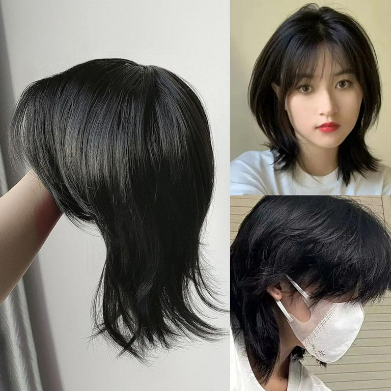 Best Grandma gray C Wolf tail mullet wig men and women can wear wolf tail short straight hair middle parting bangs cos style mullet wig Walmart