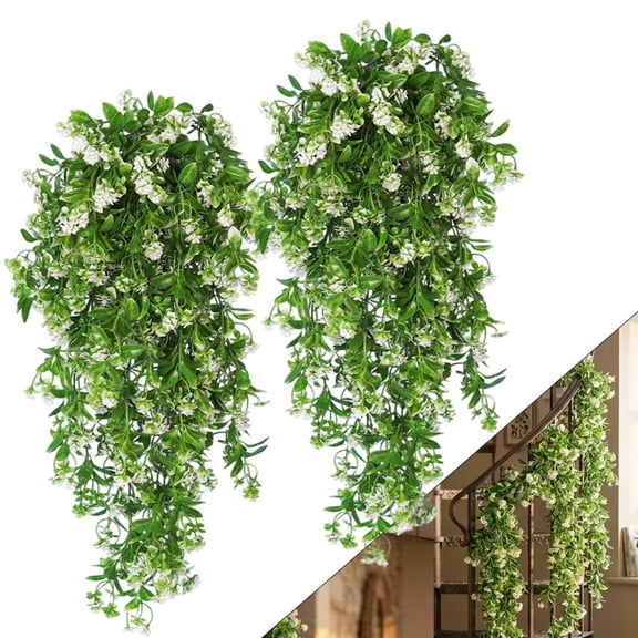 2PCS Faux Hanging Greenery Vines, Artificial Trailing Plants Fake Hanging Plants for Wall Porch Wedding Bathroom Decor