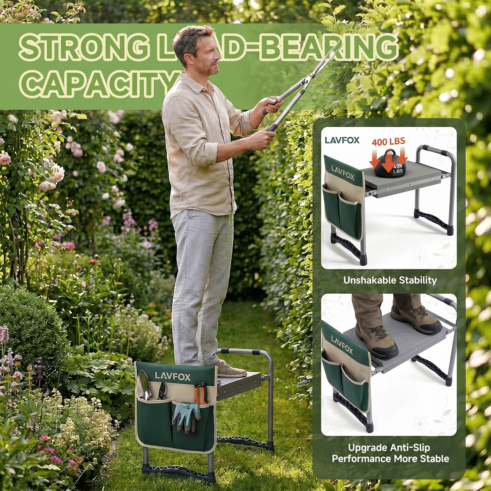 LAVFOX Heavy Duty Garden Kneeler Stool, Foldable 2-in-1 Gardening Bench Seat with Wider Thick EVA Pad, Portable Storage Tool Bag, Practical Garden Gifts for Seniors, Women, and Men