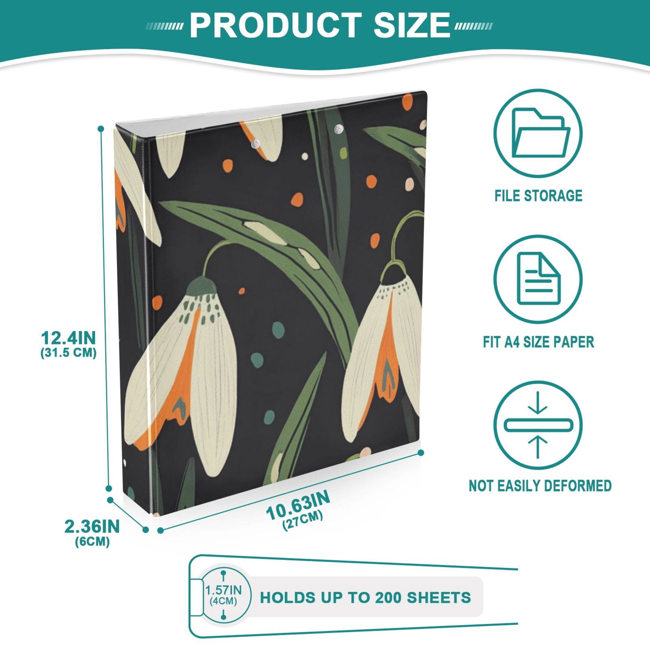 Flowers in Dark 3 Ring Binders 1.5 inch Hardcover File Folders with Interior Pockets A4 Size Organizer for School Office Hospital Set of 2