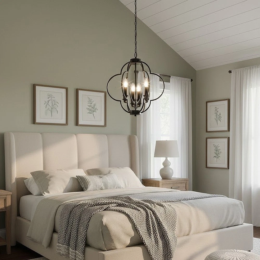 4-Light Black Foyer Chandelier Lantern, Farmhouse Pendant Light Fixtures for Dining Room,Living Room,Kitchen Island