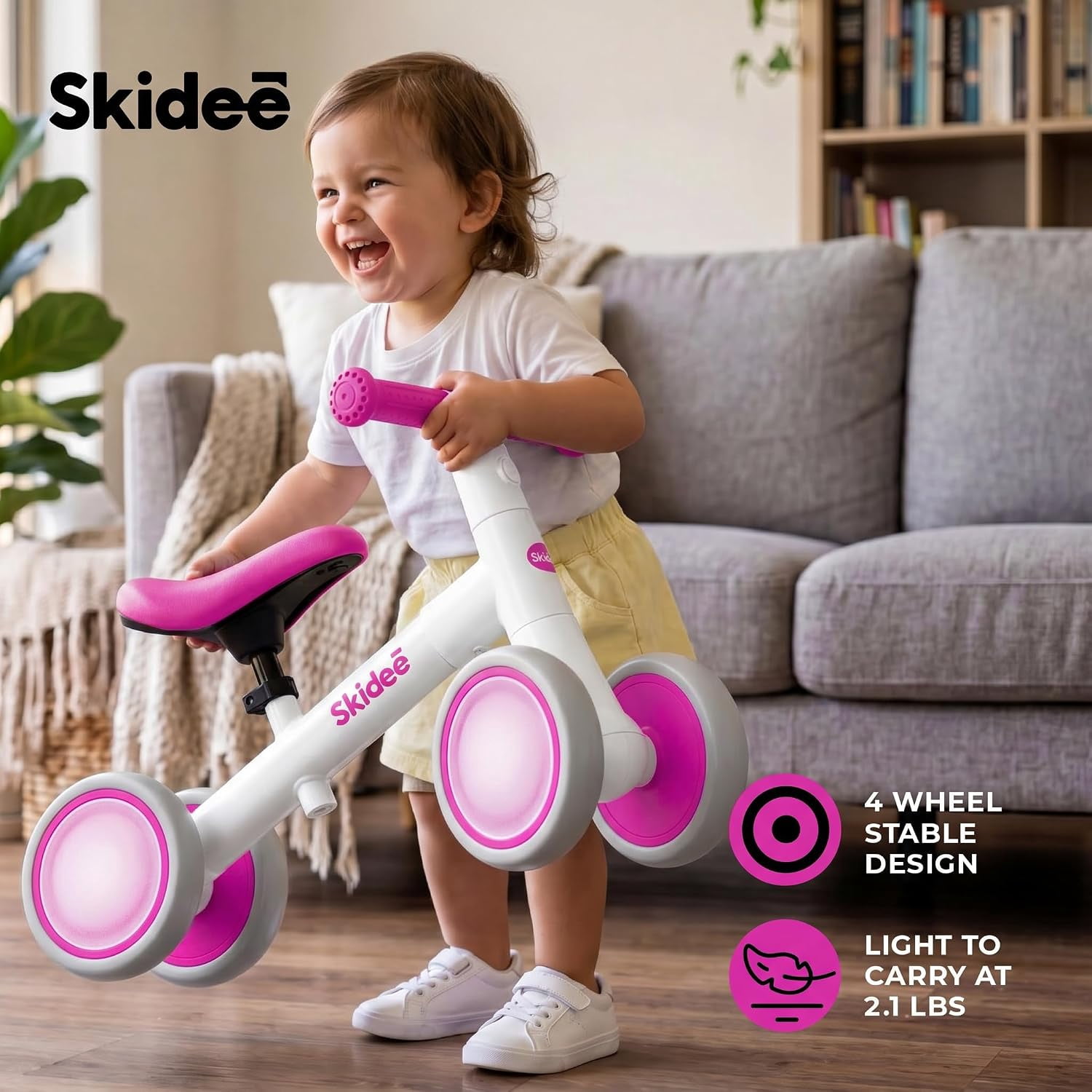Skidee Toddler Balance Bike 1-3, 4-Wheel Balance Bike with Rare Light-Motion-Activated LED Wheels, Adjustable Height & Child Safe Steering, Lightweight Ride-On Toy Training Bike for Boys & Girls